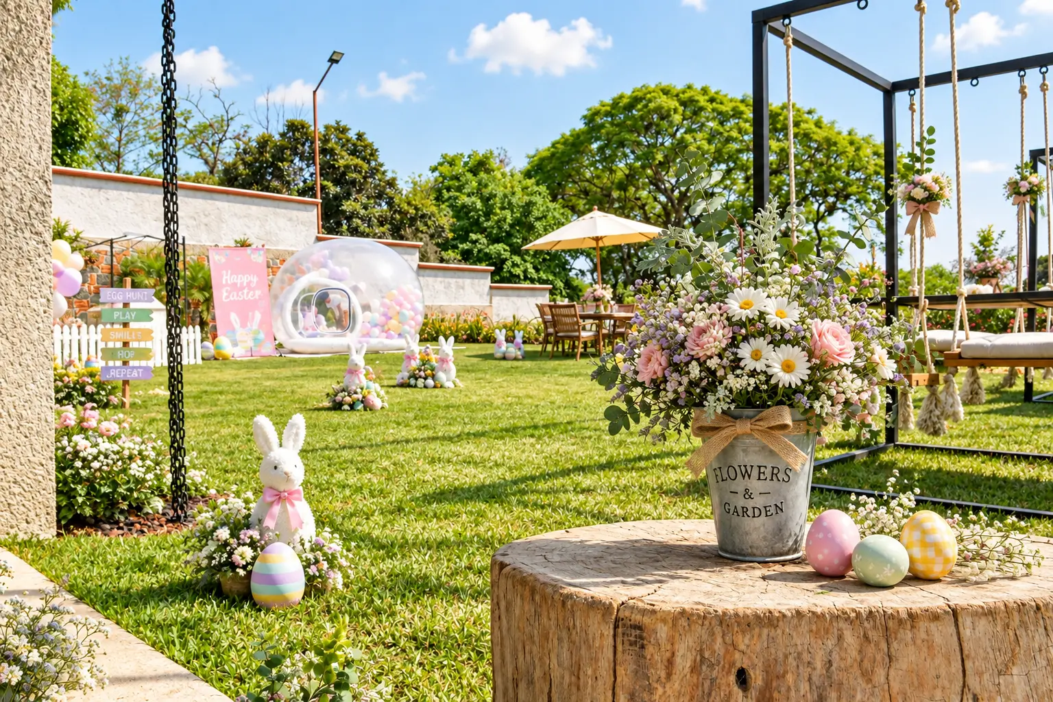 Jardín decorado para una celebración infantil con flores, globos y juegos al aire libre
