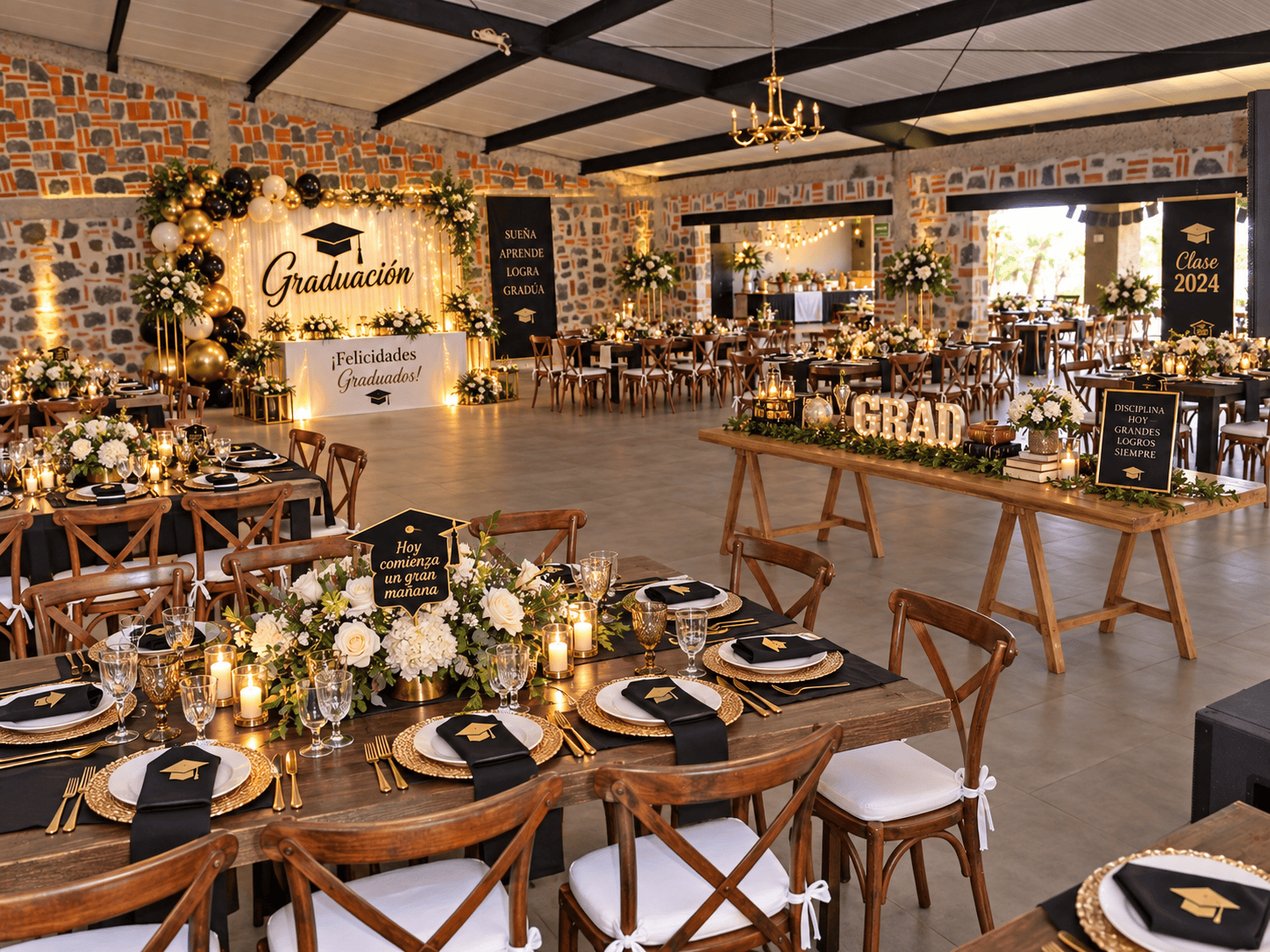 Salón ambientado para graduación con panel Graduación, globos dorados, mesas de madera con arreglos florales y velas