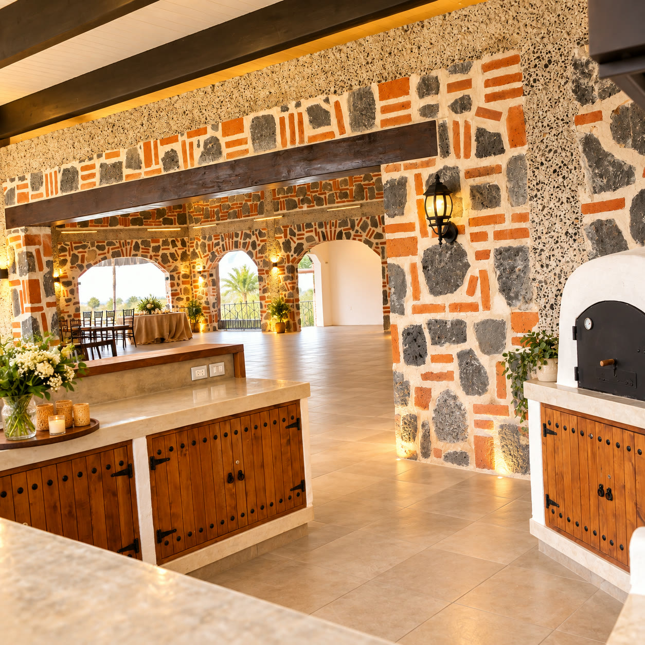 Terraza techada del quincho con arcos de ladrillo y piedra, barra de madera y horno artesanal
