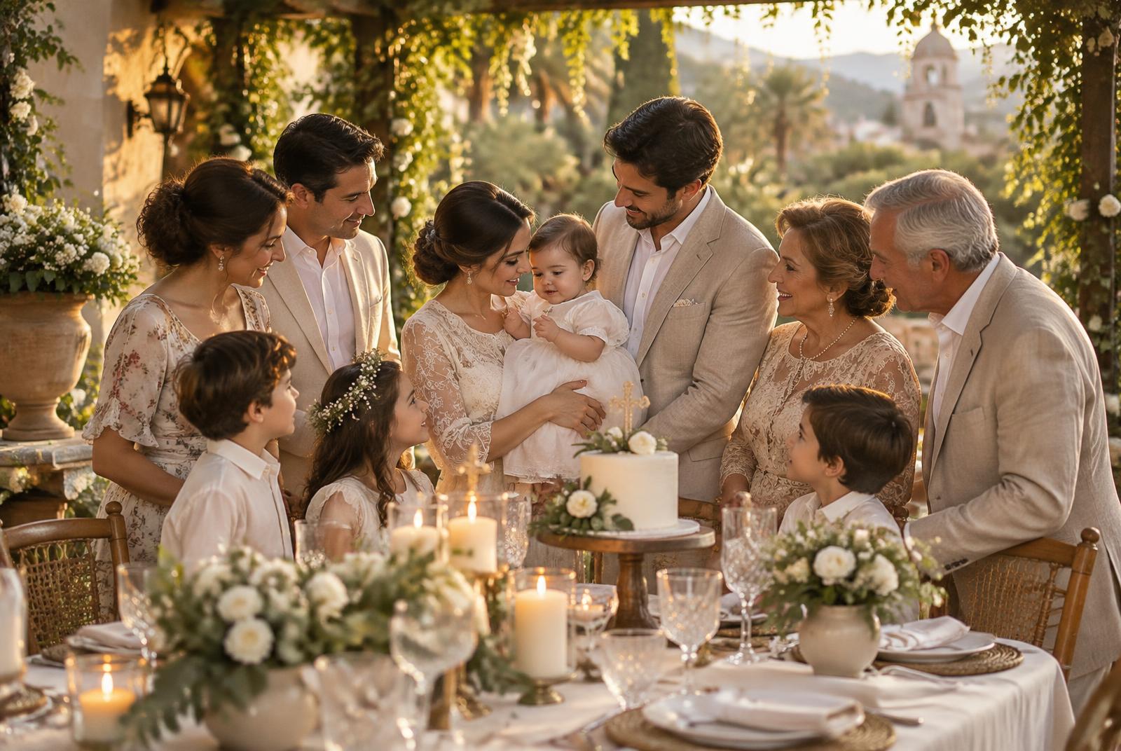 Familia reunida para bautizo o comunión alrededor de una mesa en el jardín al atardecer