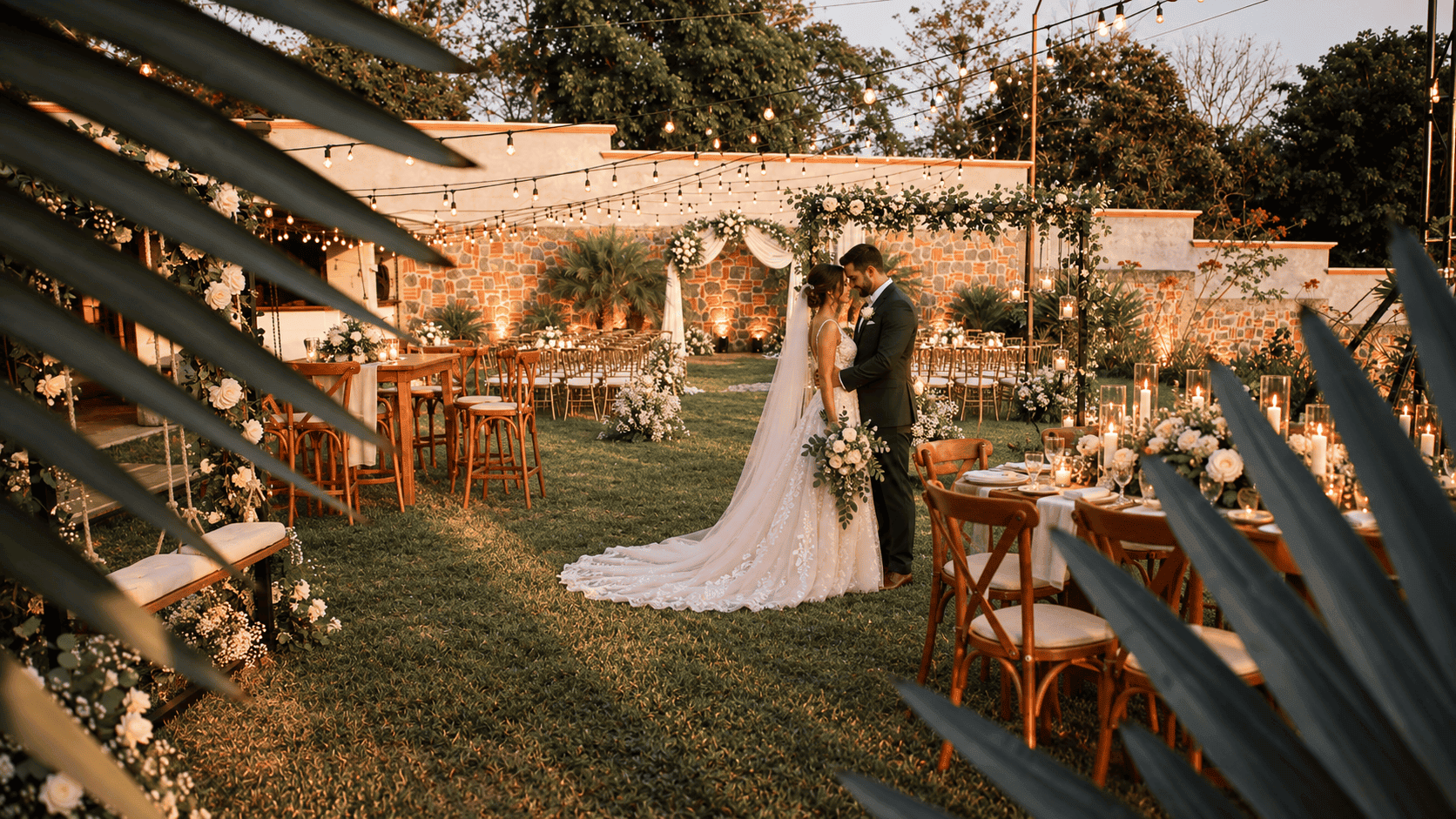 Pareja de novios en su ceremonia al atardecer entre jardines, velas y luces colgantes