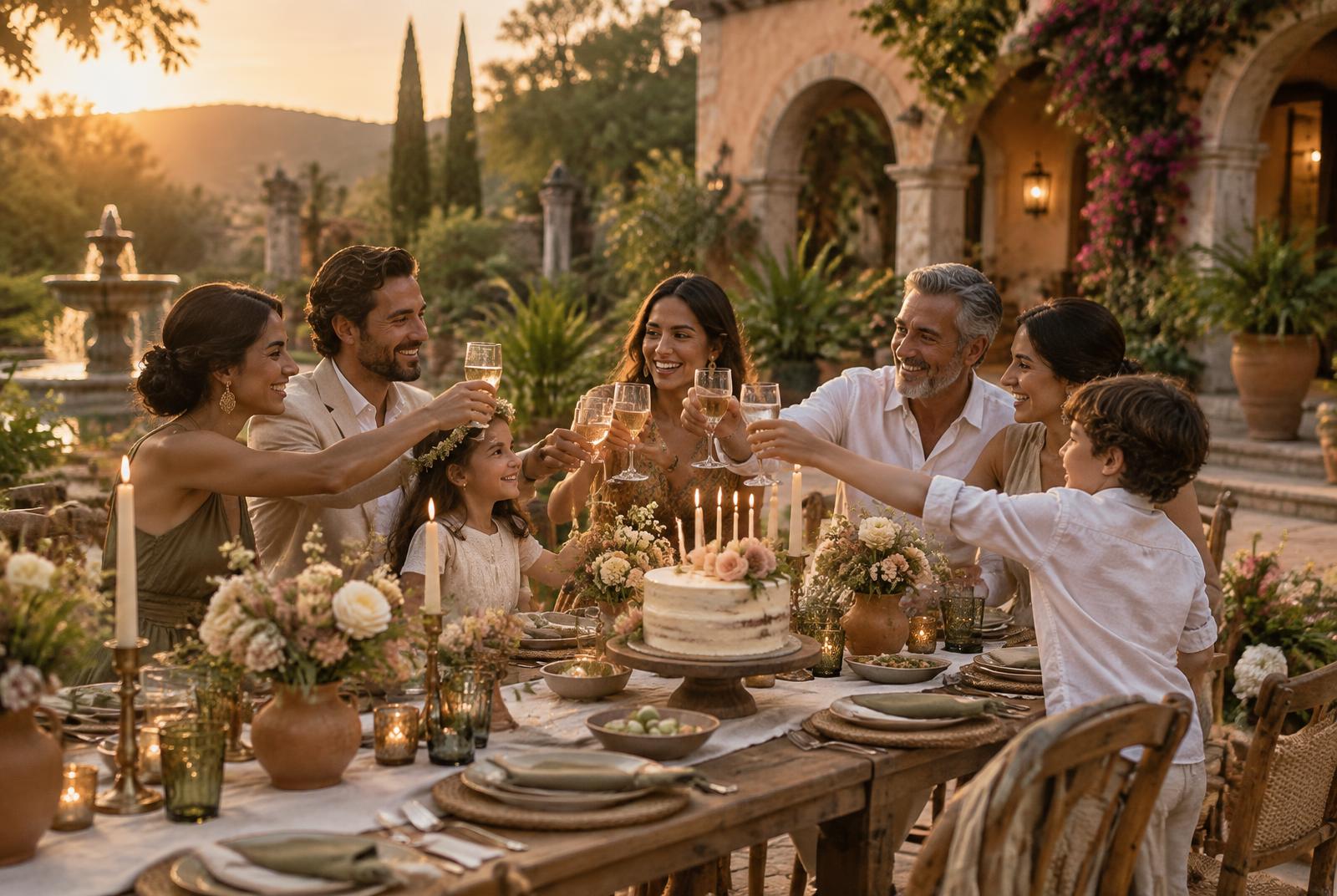 Familia celebrando un cumpleaños alrededor de una mesa en el jardín al atardecer