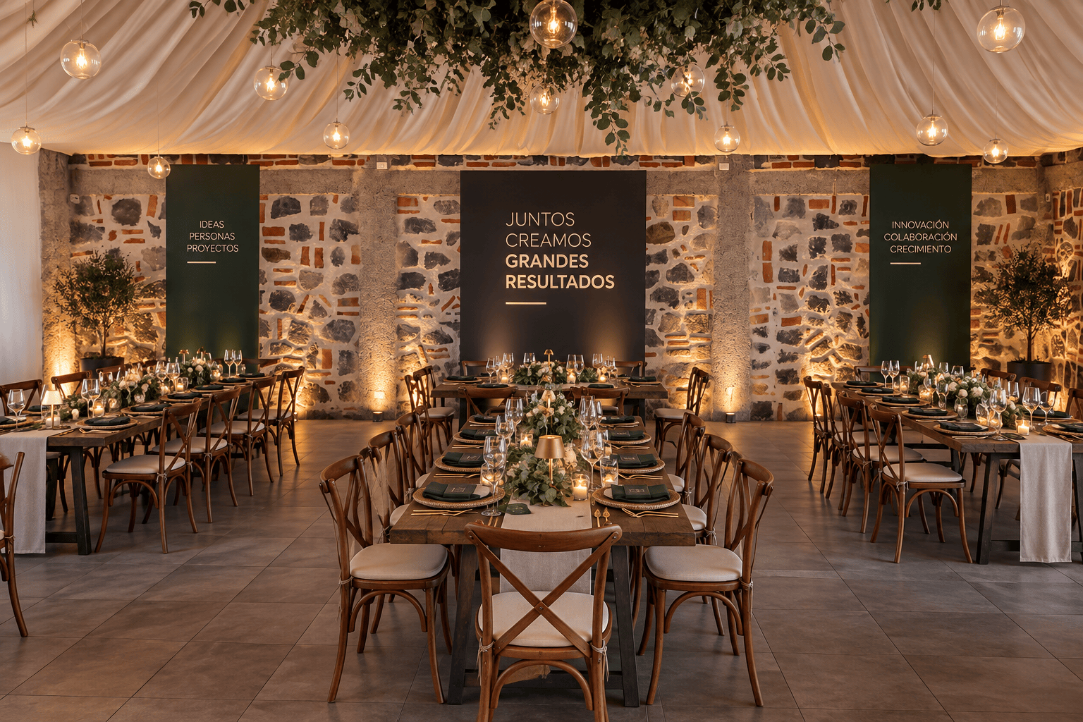 Salón de eventos corporativos con mesas de madera, sillas clásicas y panel 'Juntos creamos grandes resultados' sobre muro de piedra