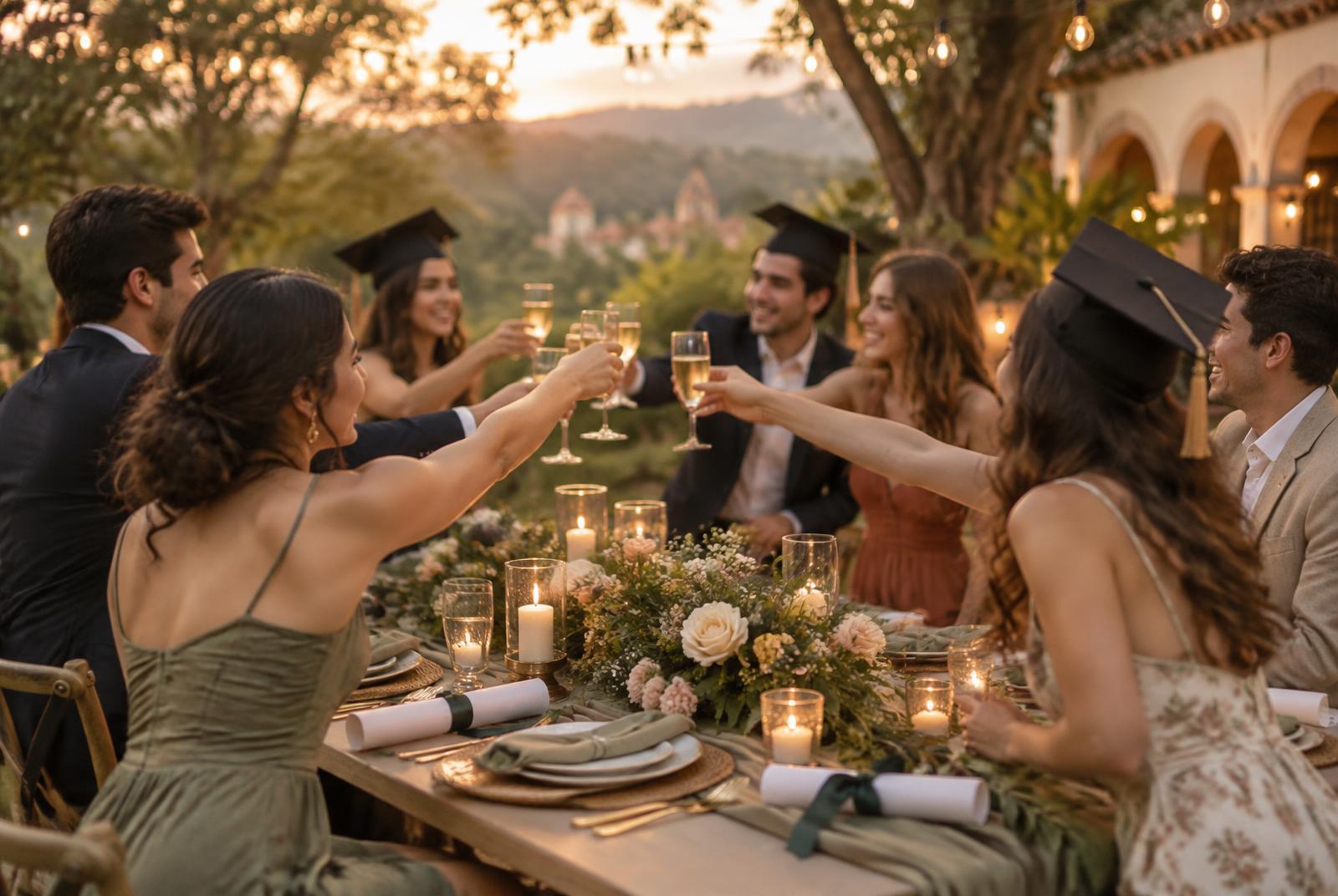 Graduados brindando alrededor de una mesa en el jardín al atardecer