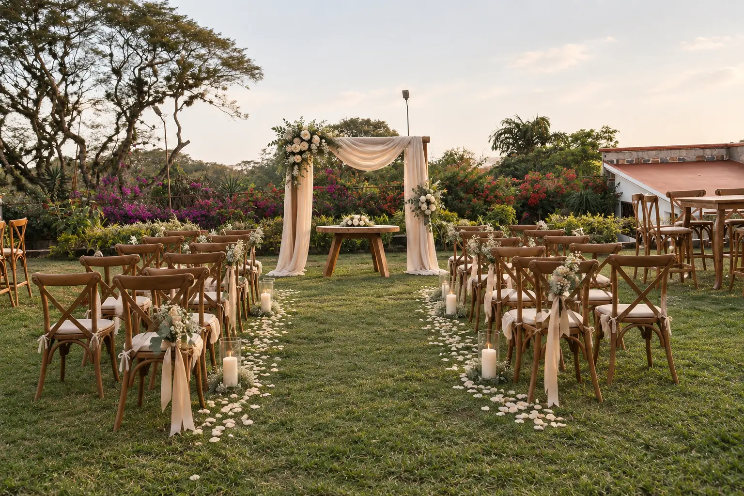 Ceremonia al aire libre preparada en los jardines de Quinta Los Mulatos