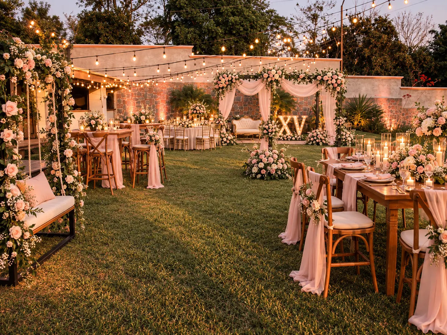 Jardín decorado para una fiesta de XV años con luces colgantes, flores y letras XV al atardecer
