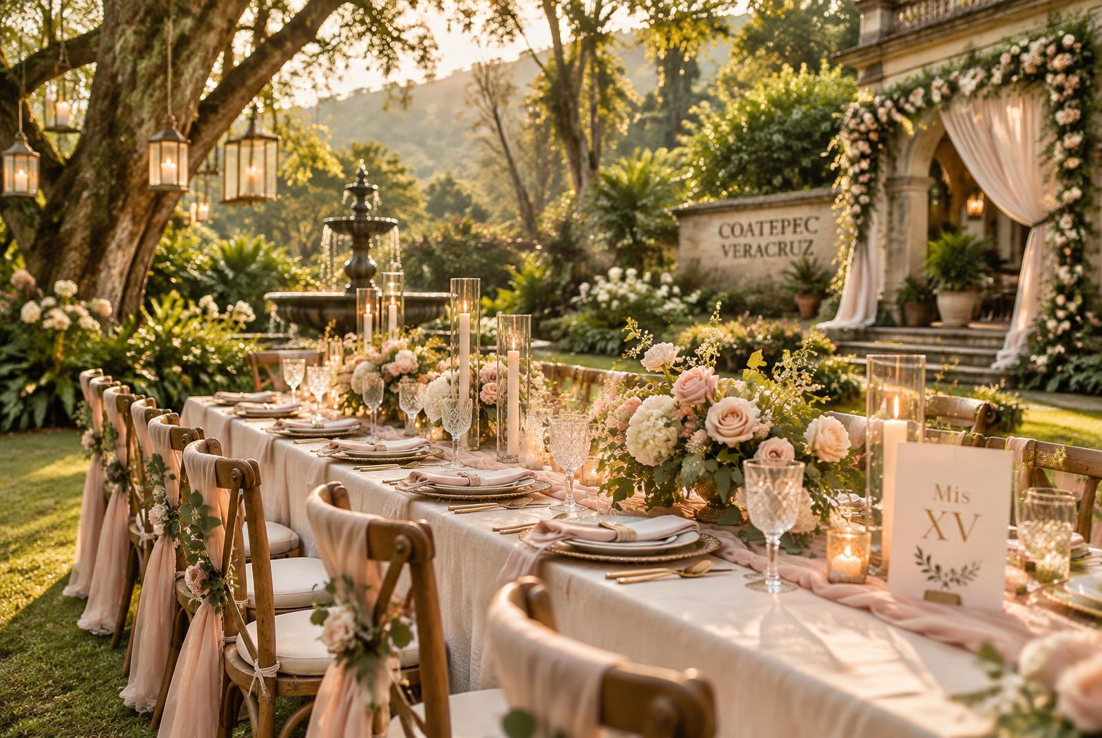 Mesa de XV años ambientada con pastel, velas y tarjeta “Mis XV” en los jardines de Quinta Los Mulatos