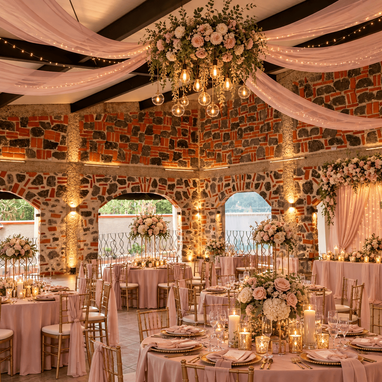 Salón techado con muros de piedra y ladrillo, telas rosas, lámparas colgantes y mesas vestidas para banquete